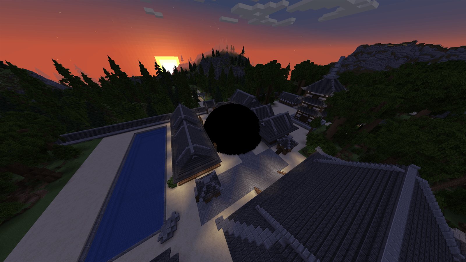 A black sphere sealed over a village at sunset in Minecraft